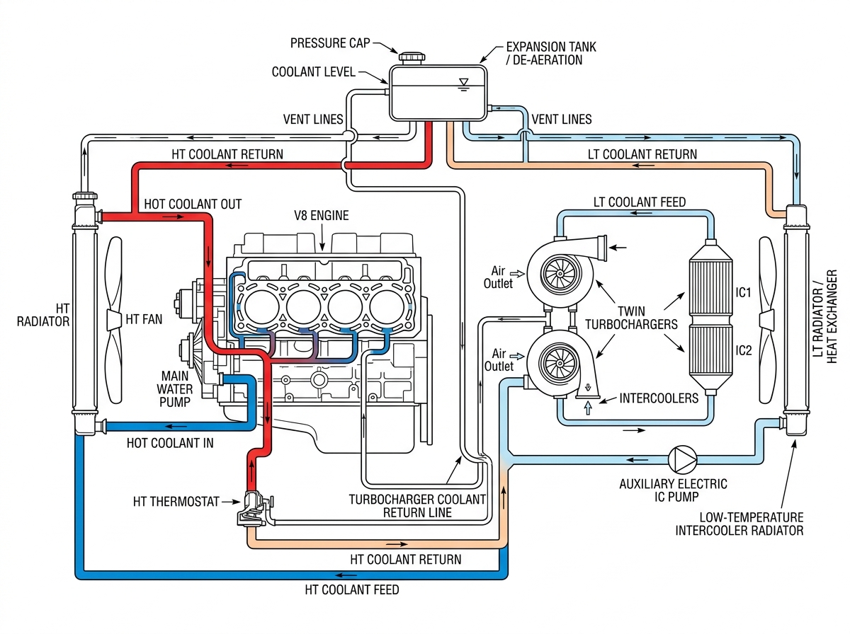 Biturbo Dual-Loop Cooling Circuit Schematic