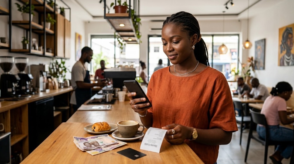 Young woman checking daily expenses and receipts in a cafe