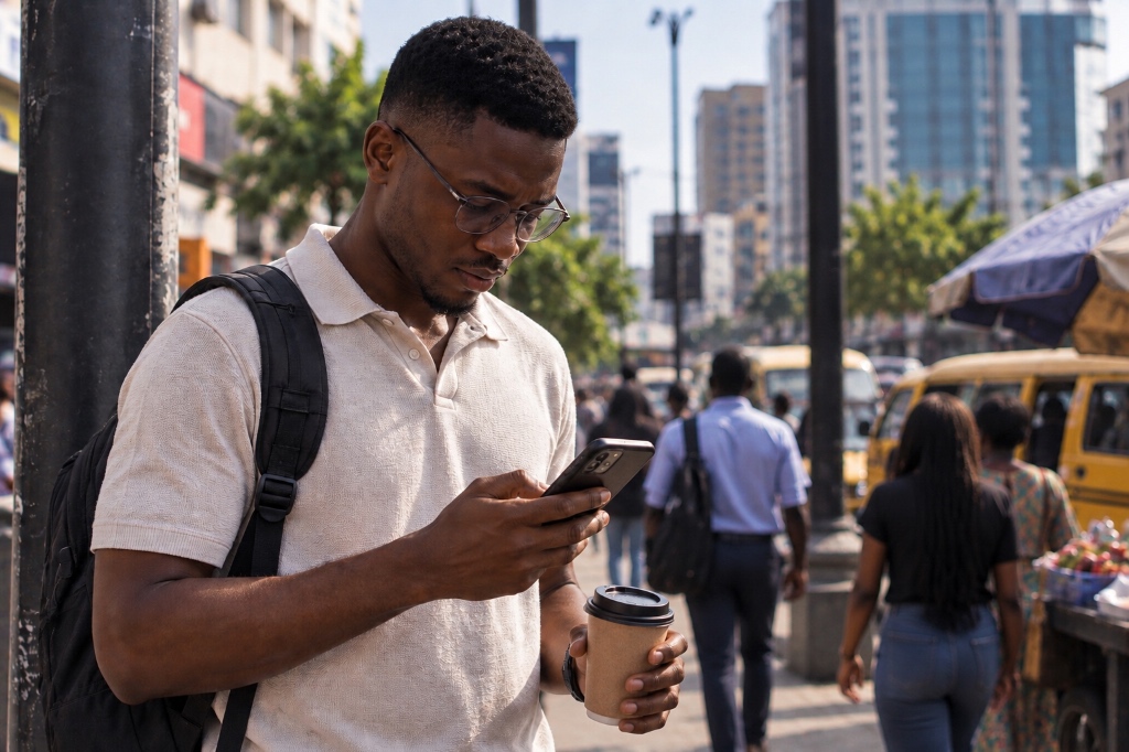 Young man checking phone on a busy street with morning coffee