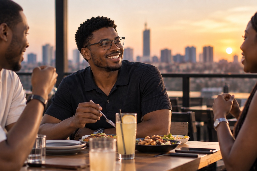 Friends laughing and dining on a rooftop restaurant terrace at sunset