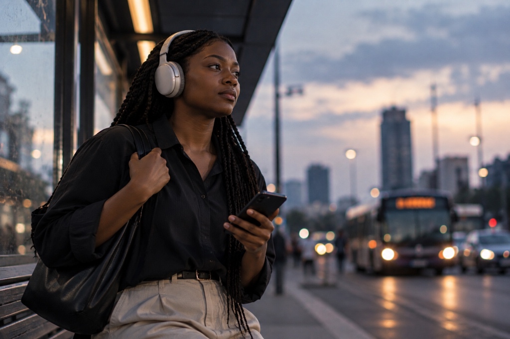 Woman with headphones waiting thoughtfully at a transit stop at dusk