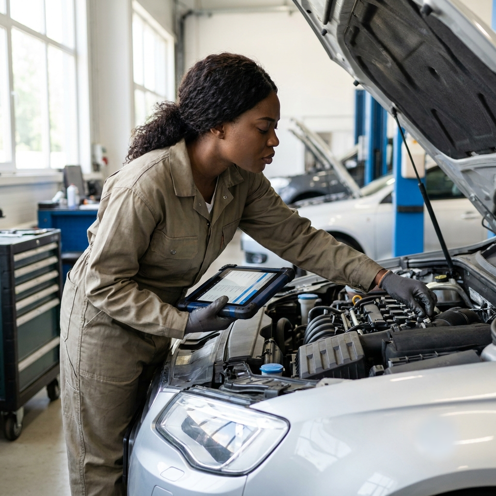Technician inspecting Mercedes engine with diagnostic tablet